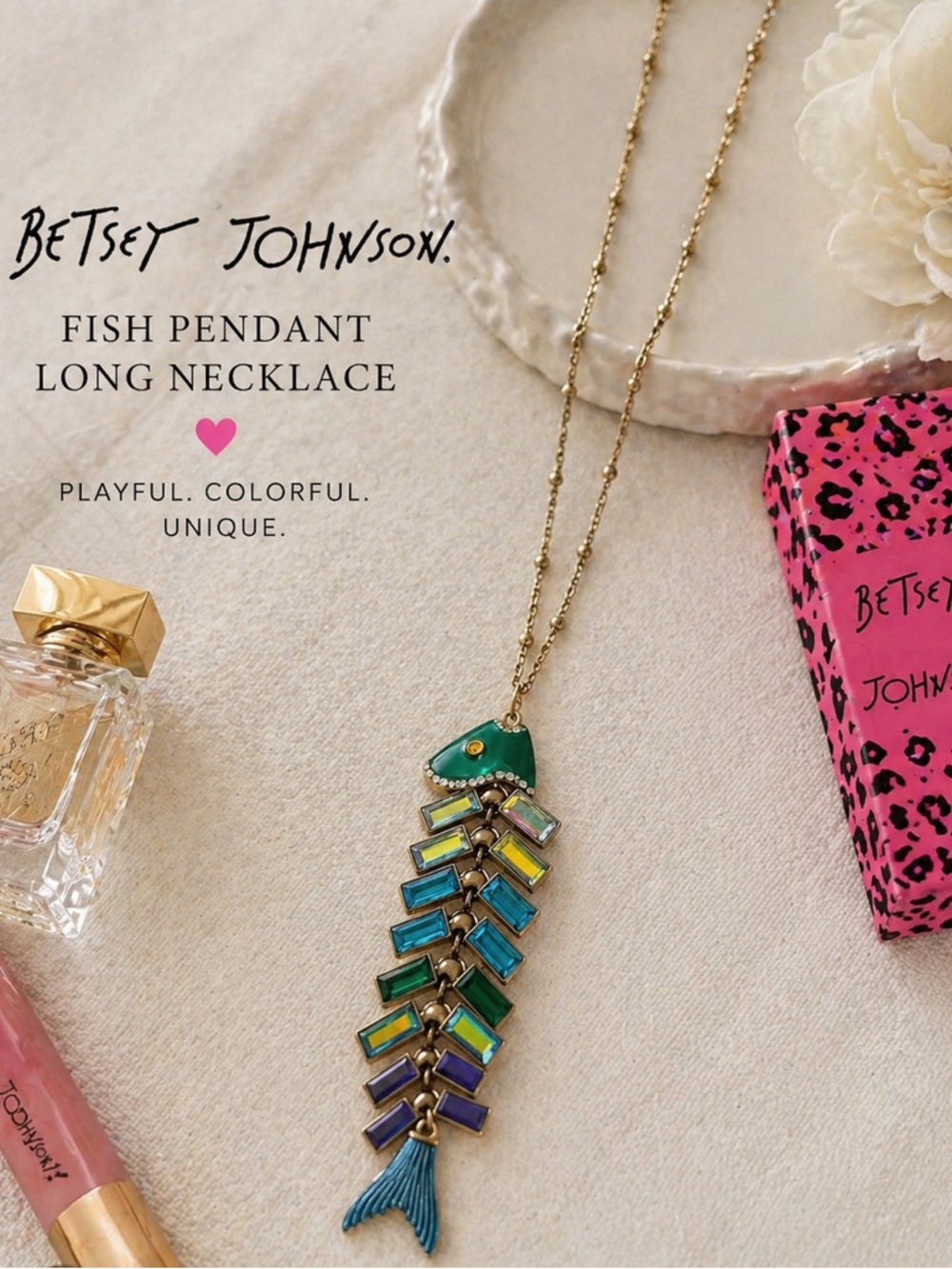Betsey Johnson Green Multi-Color Fish Pendant Long Necklace